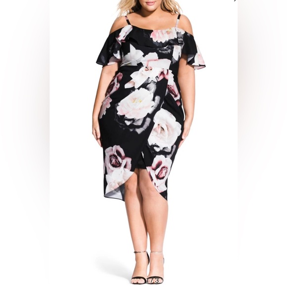 City Chic Cold Shoulder Dress Black Austin Floral Rose Draped Plus Size M 18 - Picture 2 of 15